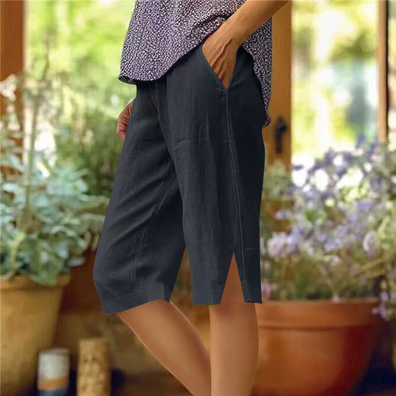 【Coton Et Lin】Short Décontracté De Couleur Unie