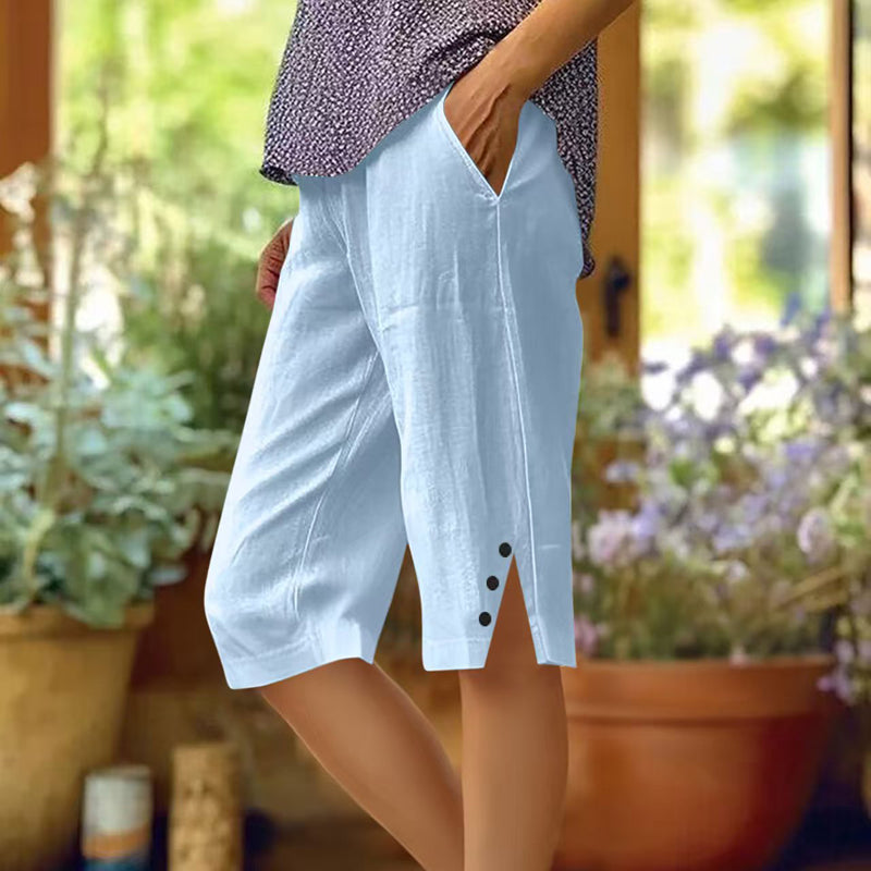 【Coton Et Lin】Short Décontracté De Couleur Unie