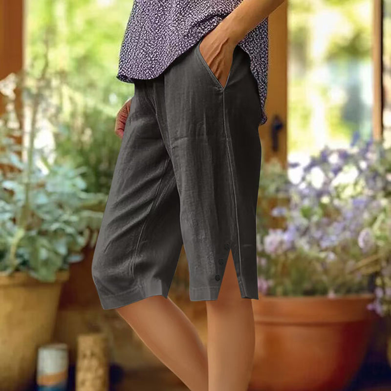 【Coton Et Lin】Short Décontracté De Couleur Unie