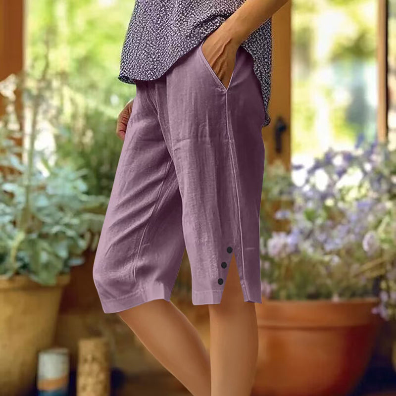 【Coton Et Lin】Short Décontracté De Couleur Unie