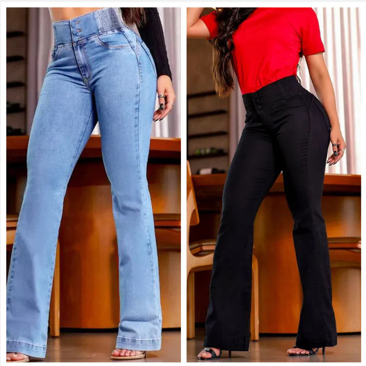 jean évasé taille haute en stretch