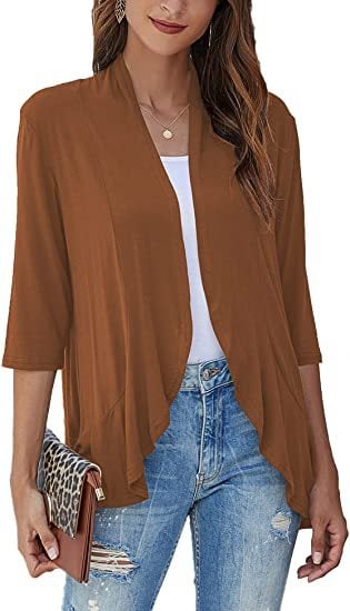 Cardigan femme ouvert devant manches 3/4Cardigan léger drapé à volants Cardigan