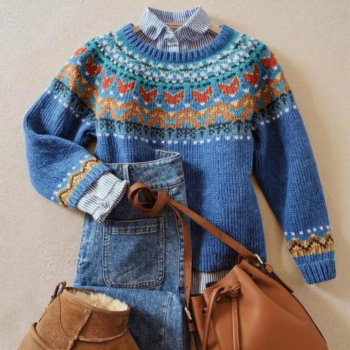 Pull Jacquard Nordique Bleu pour Femme Sophie