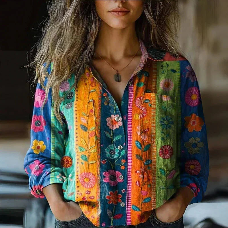 Blouse Boutonnée Florale Rétro pour Femme Annie