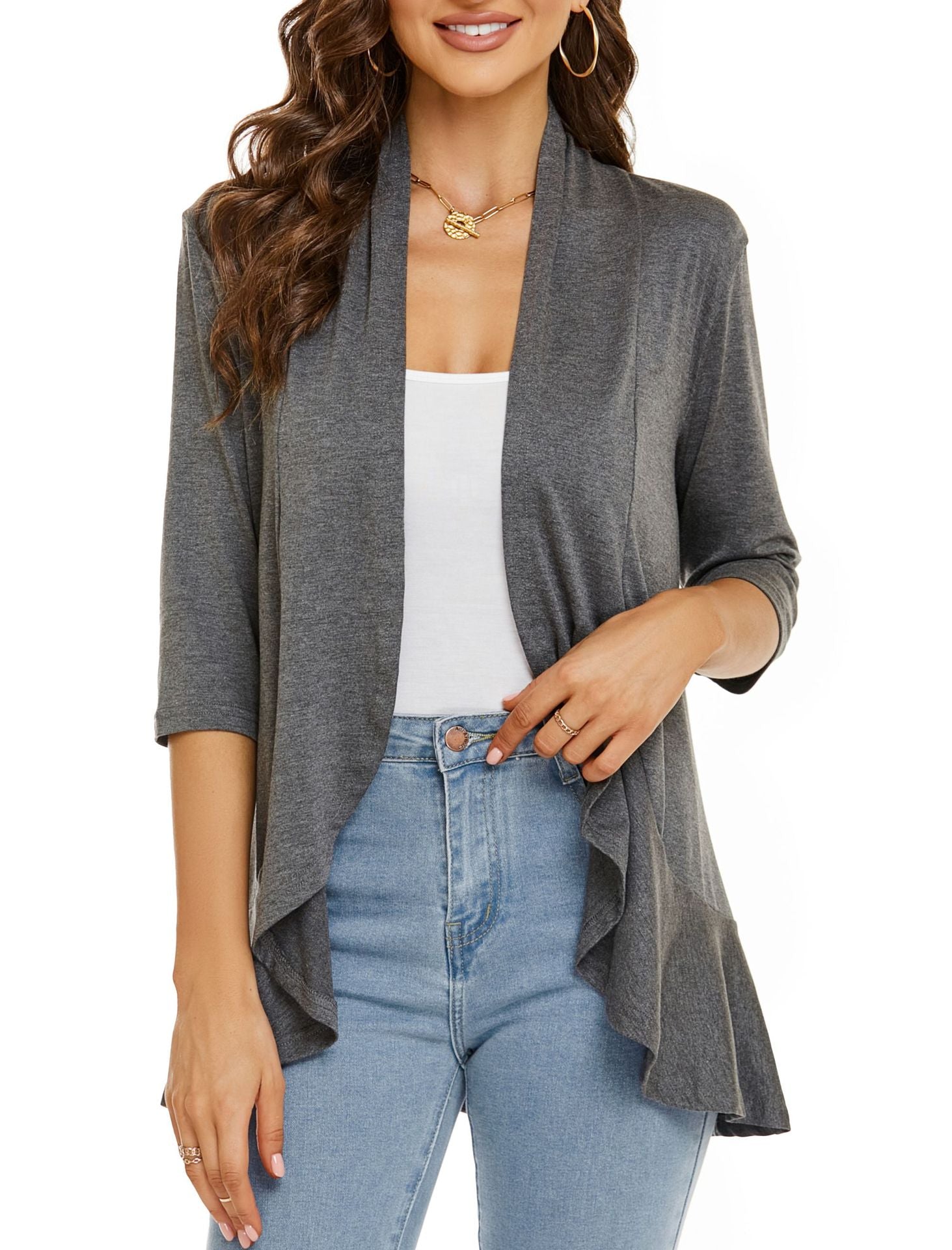 Cardigan femme ouvert devant manches 3/4Cardigan léger drapé à volants Cardigan