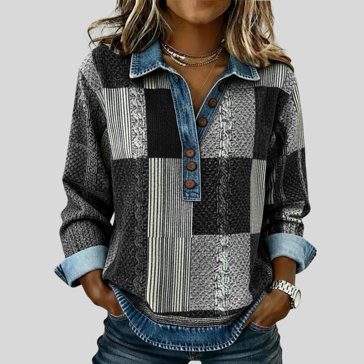 Pull Patchwork Effet Denim pour Femme Sylvie