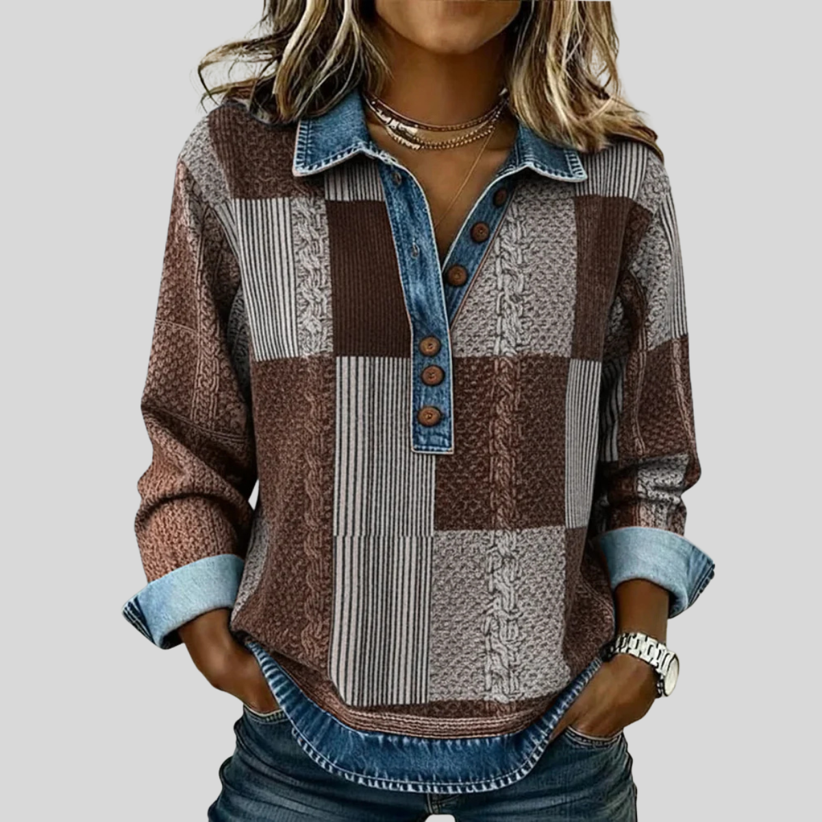 Pull Patchwork Effet Denim pour Femme Sylvie