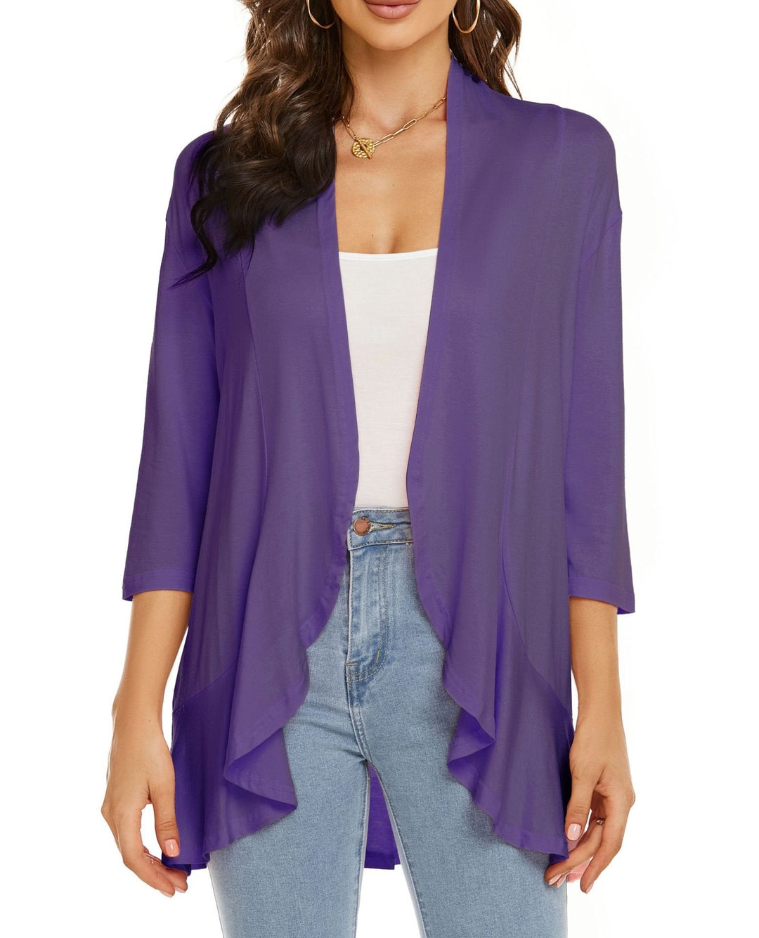 Cardigan femme ouvert devant manches 3/4Cardigan léger drapé à volants Cardigan