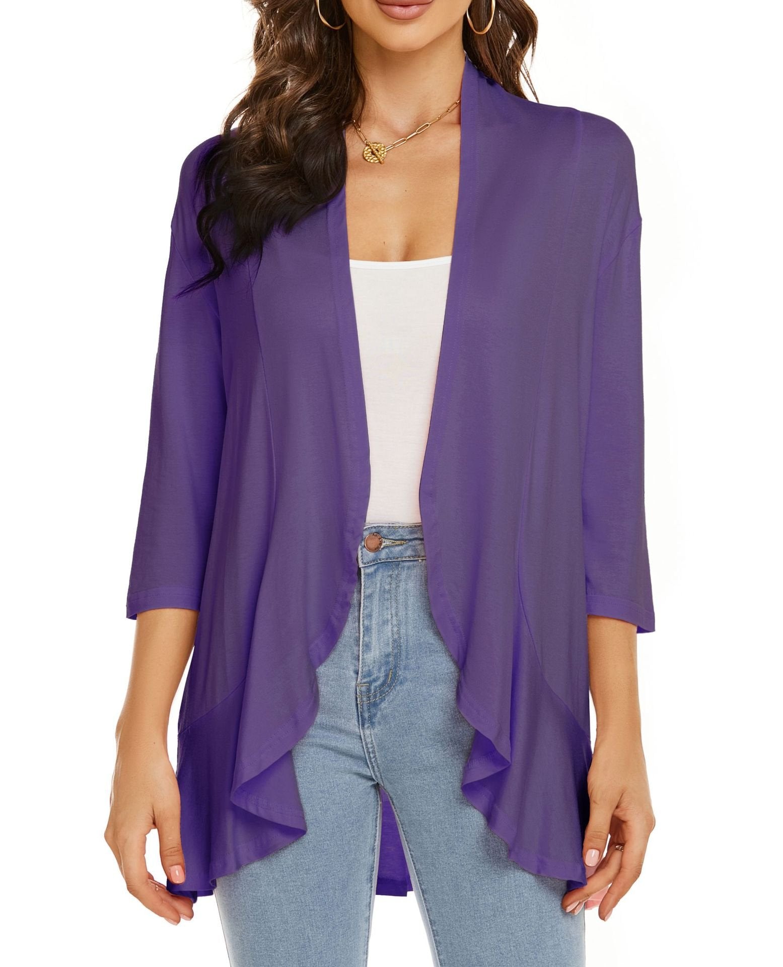 Cardigan femme ouvert devant manches 3/4Cardigan léger drapé à volants Cardigan