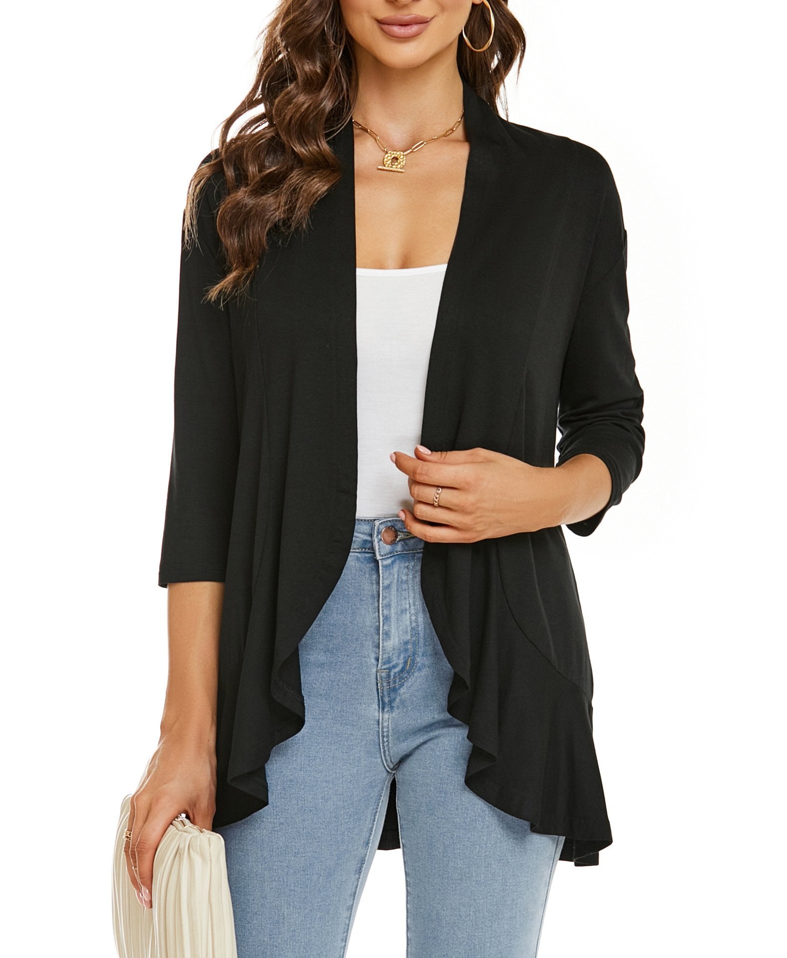 Cardigan femme ouvert devant manches 3/4Cardigan léger drapé à volants Cardigan