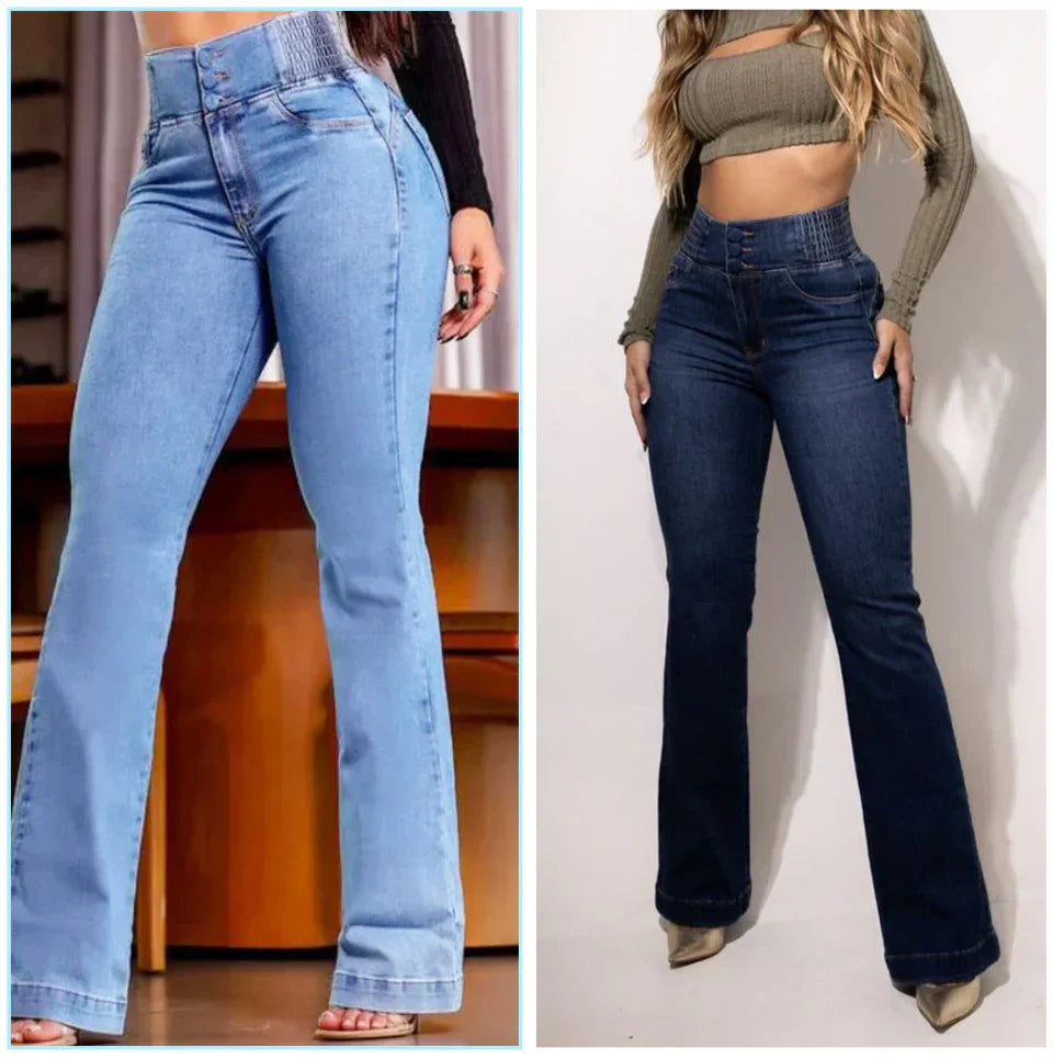 jean évasé taille haute en stretch