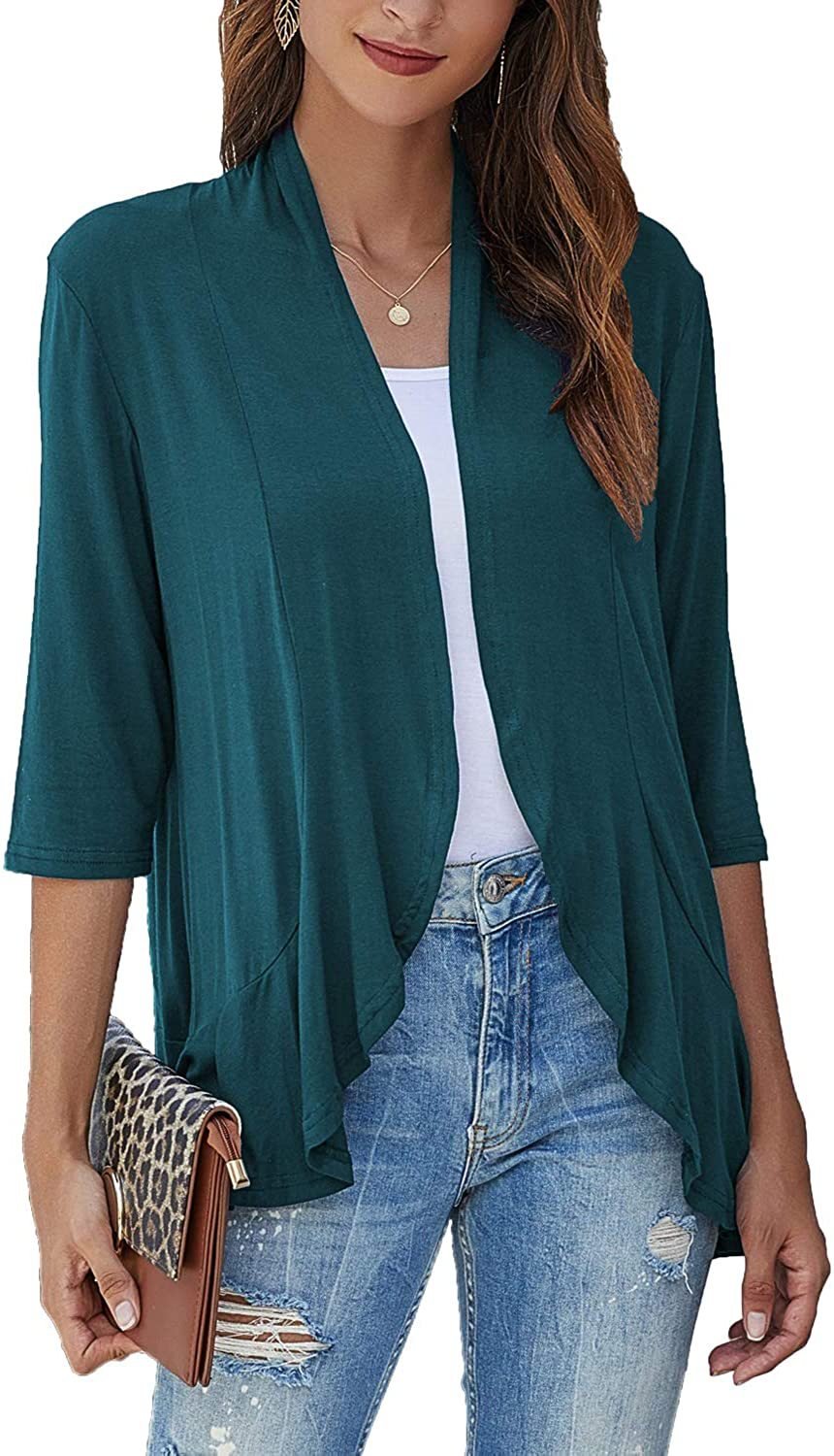 Cardigan femme ouvert devant manches 3/4Cardigan léger drapé à volants Cardigan