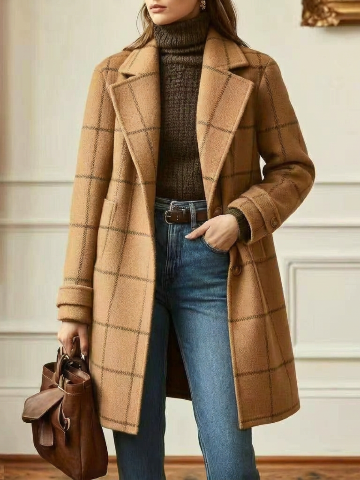 Veste en Tweed à Motif Carreaux avec Col Rétro pour Femmes