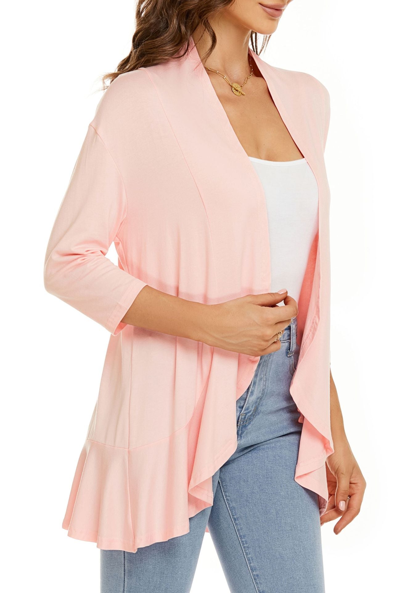 Cardigan femme ouvert devant manches 3/4Cardigan léger drapé à volants Cardigan