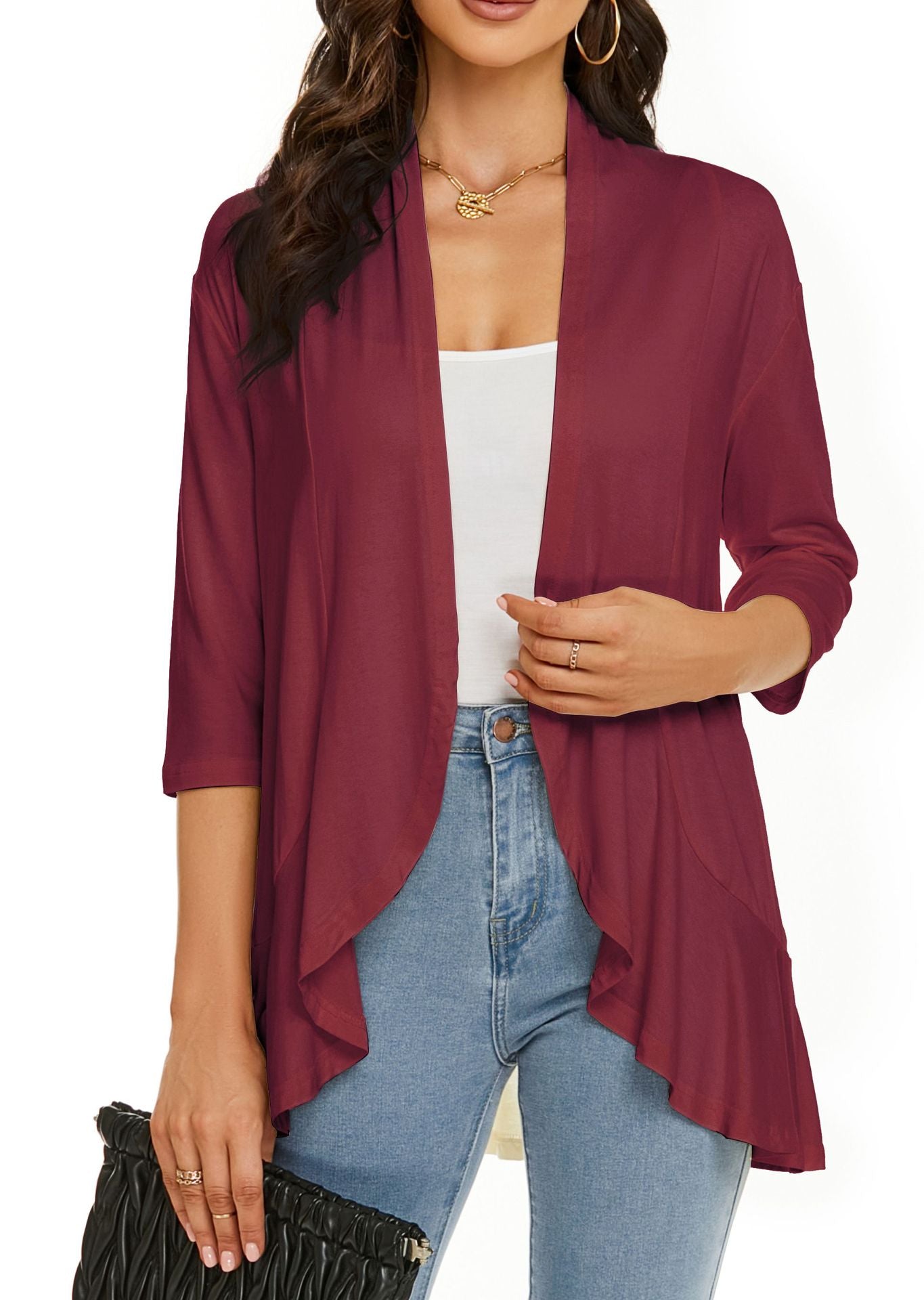 Cardigan femme ouvert devant manches 3/4Cardigan léger drapé à volants Cardigan