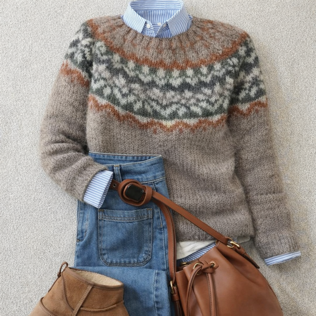 Pull Jacquard Nordique Taupe pour Femme Amélie