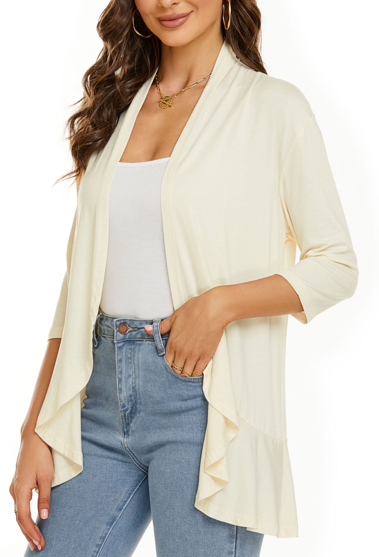 Cardigan femme ouvert devant manches 3/4Cardigan léger drapé à volants Cardigan