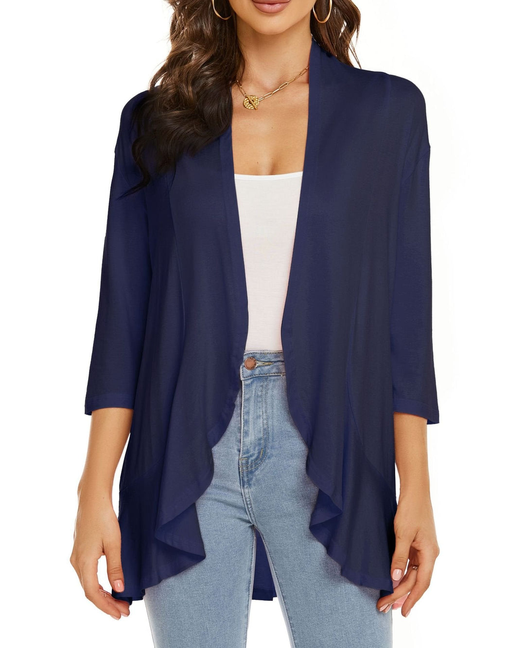 Cardigan femme ouvert devant manches 3/4Cardigan léger drapé à volants Cardigan