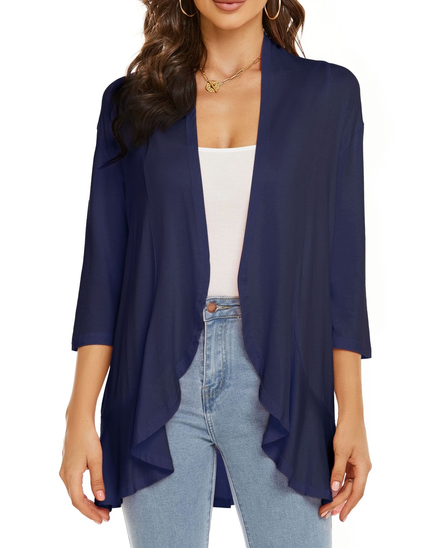 Cardigan femme ouvert devant manches 3/4Cardigan léger drapé à volants Cardigan
