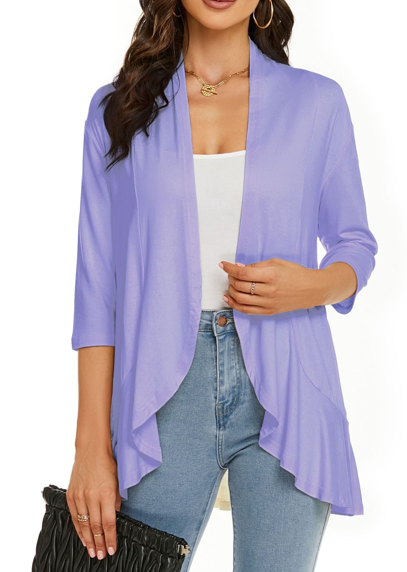 Cardigan femme ouvert devant manches 3/4Cardigan léger drapé à volants Cardigan