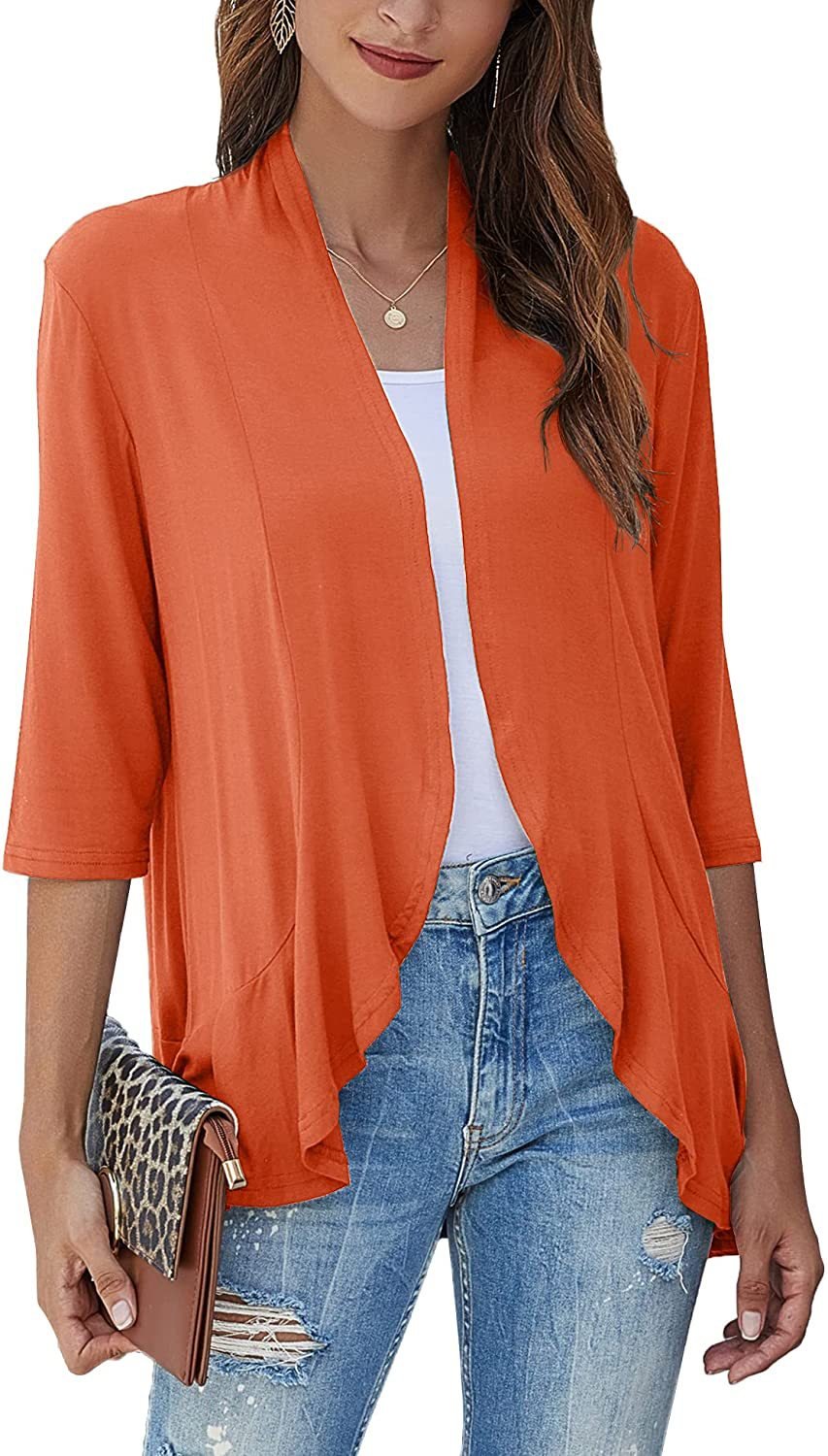 Cardigan femme ouvert devant manches 3/4Cardigan léger drapé à volants Cardigan
