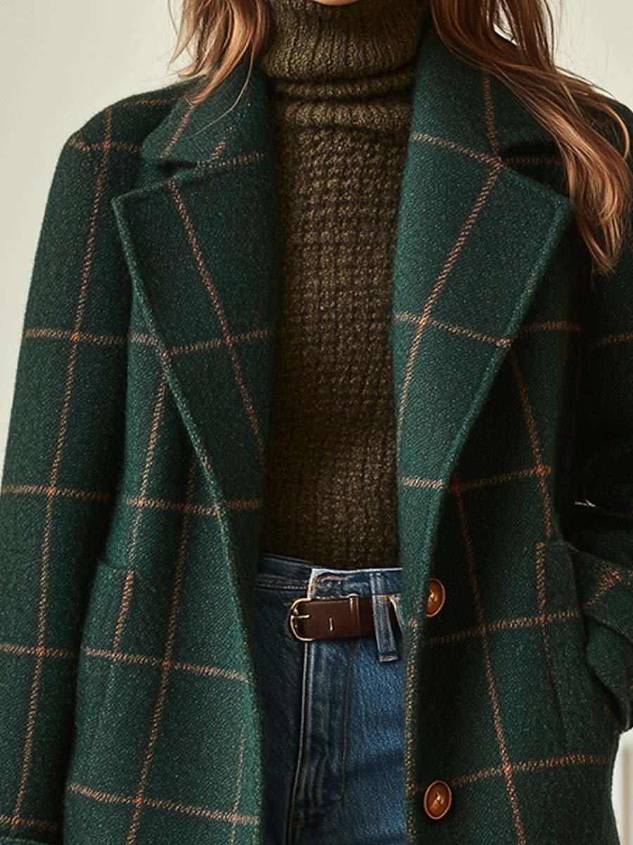 Veste en Tweed à Motif Carreaux avec Col Rétro pour Femmes
