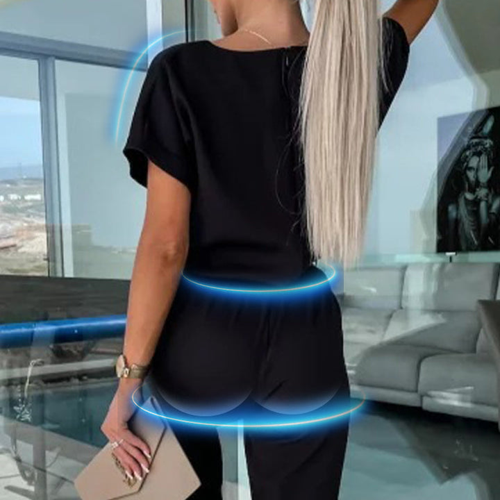 Combinaison Tendance à Manches Courtes à Col en V avec Taille à Nouer pour Femmes