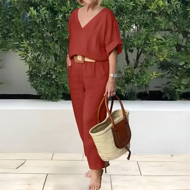 Ensemble 2 pièces : Haut ample à col en V et pantalon avec poches