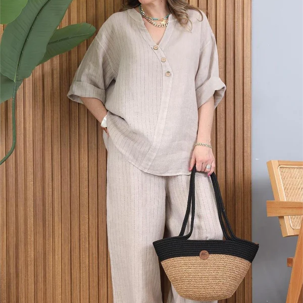 Costume deux pièces décontracté en coton et lin pour femmes de haute qualité
