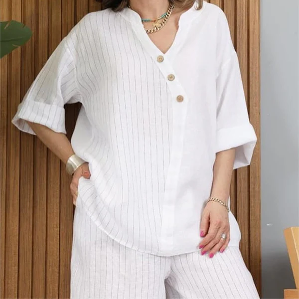 Costume deux pièces décontracté en coton et lin pour femmes de haute qualité
