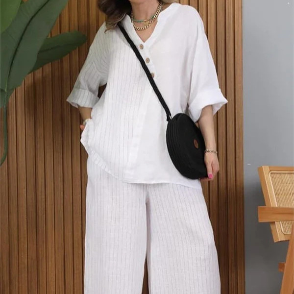Costume deux pièces décontracté en coton et lin pour femmes de haute qualité