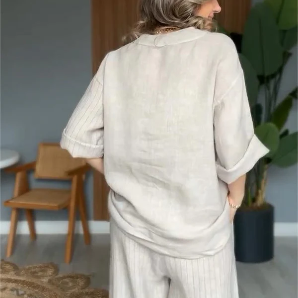 Costume deux pièces décontracté en coton et lin pour femmes de haute qualité