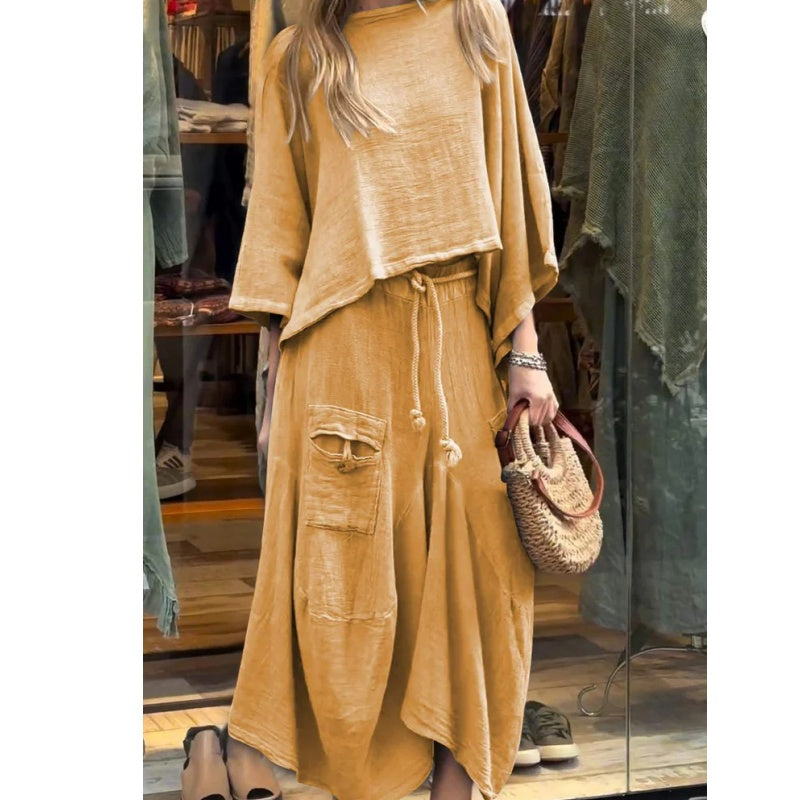 Costume 2 pièces haut à col rond et jupe ample pour femme