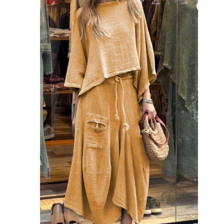 Costume 2 pièces haut à col rond et jupe ample pour femme