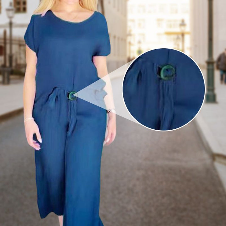 Costume femme décontracté en coton et lin : haut ample boutonné + pantalon