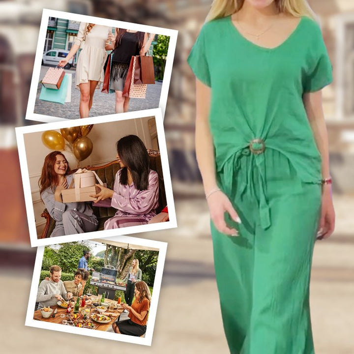 Costume femme décontracté en coton et lin : haut ample boutonné + pantalon