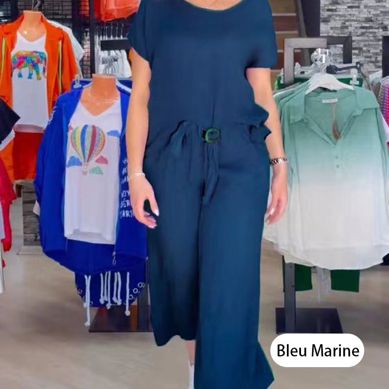Costume femme décontracté en coton et lin : haut ample boutonné + pantalon