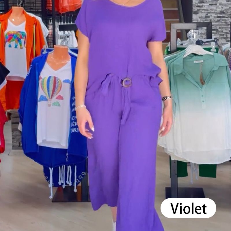 Costume femme décontracté en coton et lin : haut ample boutonné + pantalon
