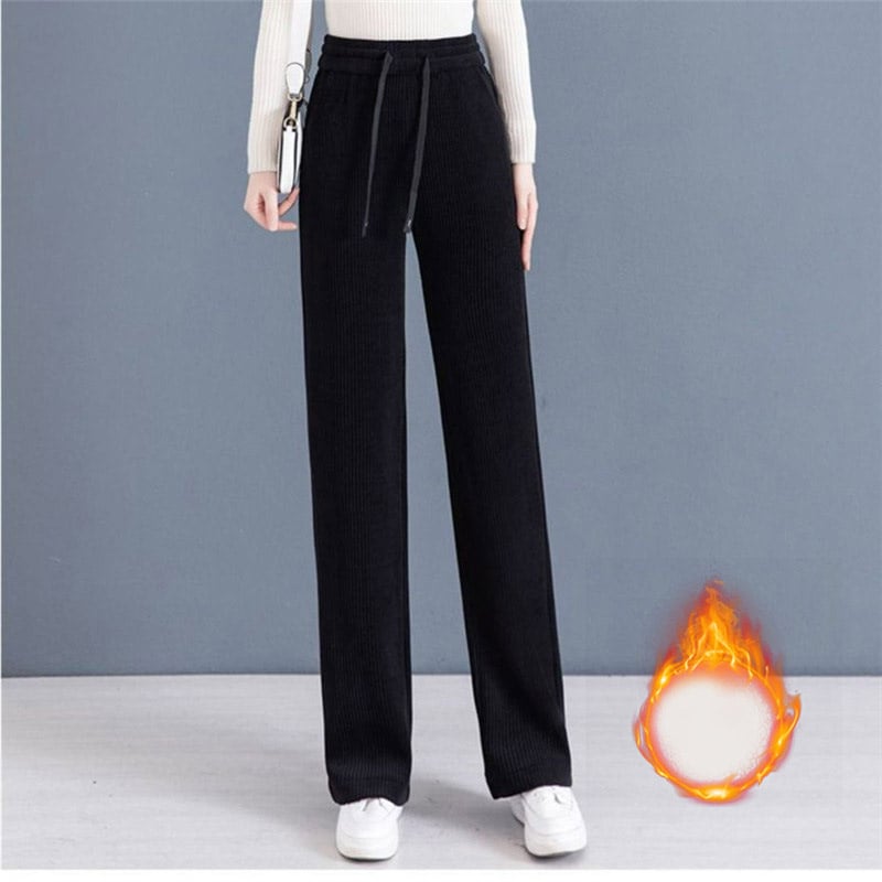 🔥 NEW HOT SALE🎁Pantalon épais pour femme, couleur unie, jambe droite et large, cordon de serrage