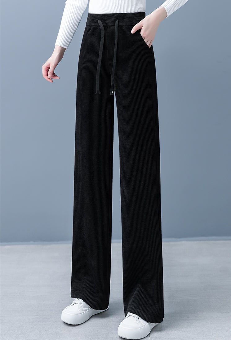 🔥 NEW HOT SALE🎁Pantalon épais pour femme, couleur unie, jambe droite et large, cordon de serrage