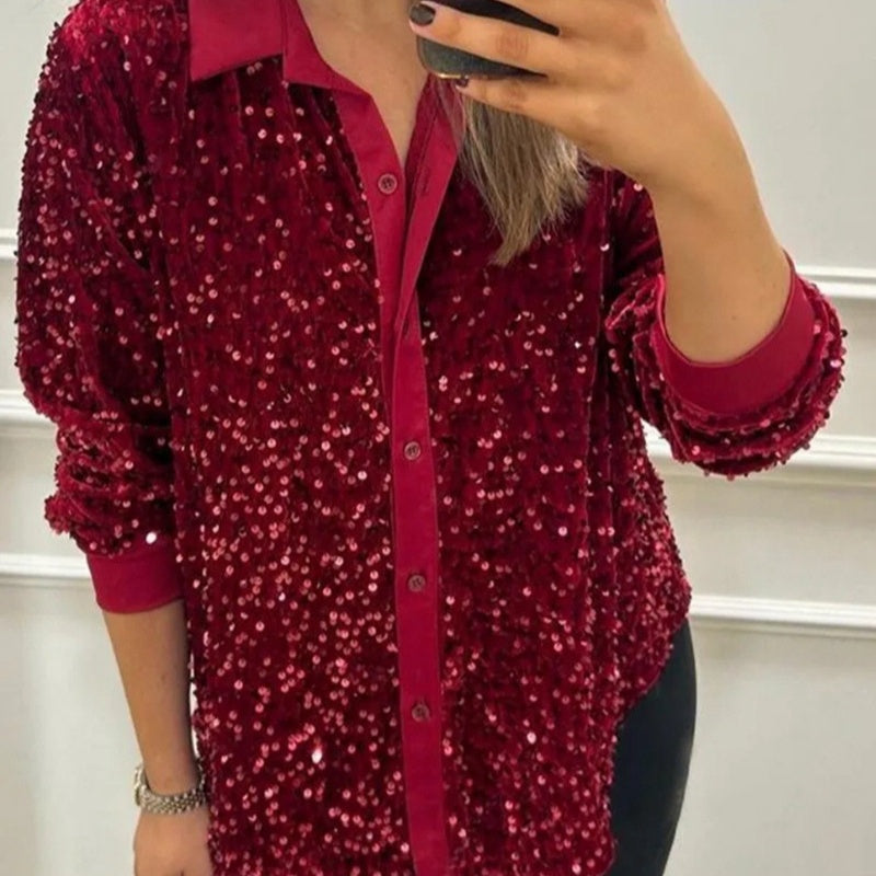 Chemise de soirée boutonnée à revers scintillante pour femme