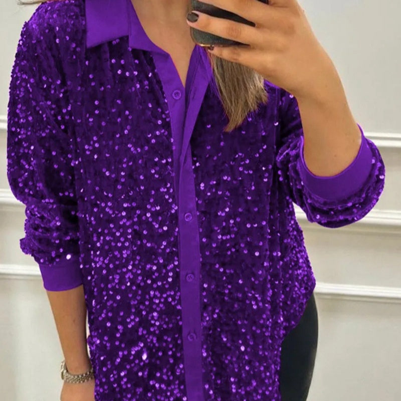 Chemise de soirée boutonnée à revers scintillante pour femme