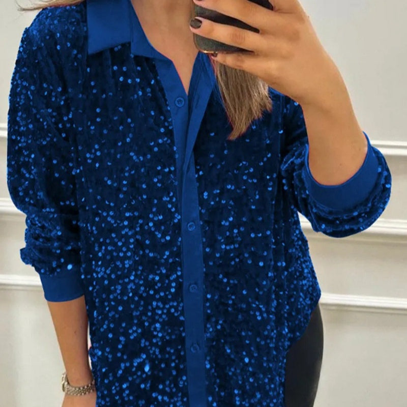 Chemise de soirée boutonnée à revers scintillante pour femme