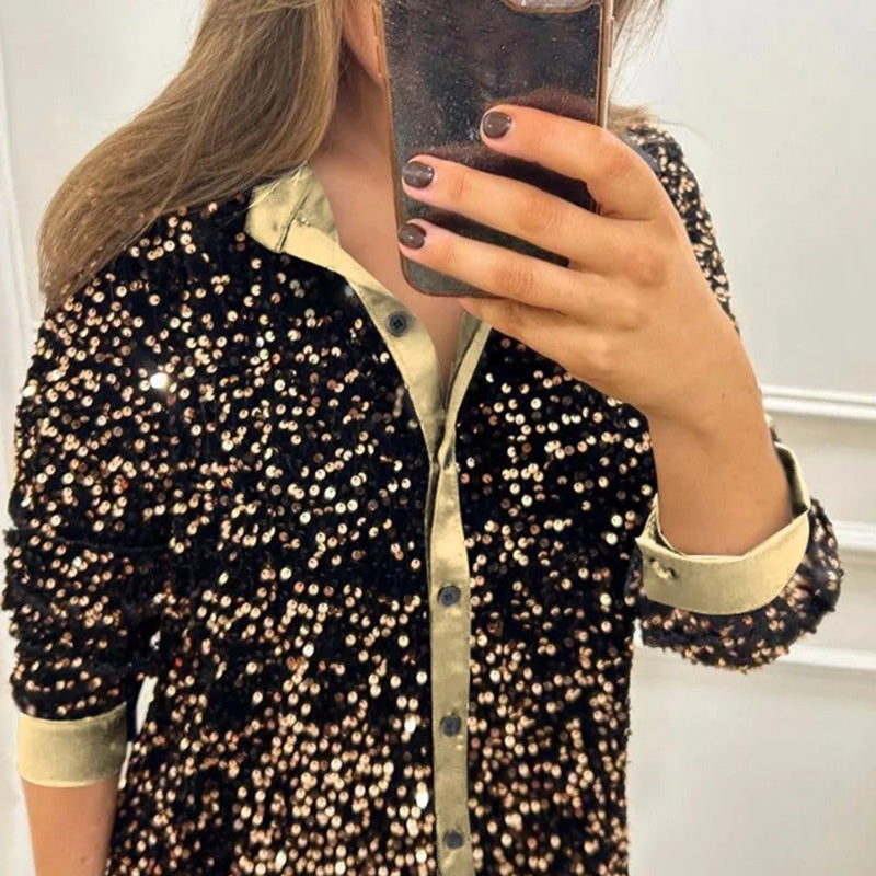 Chemise de soirée boutonnée à revers scintillante pour femme