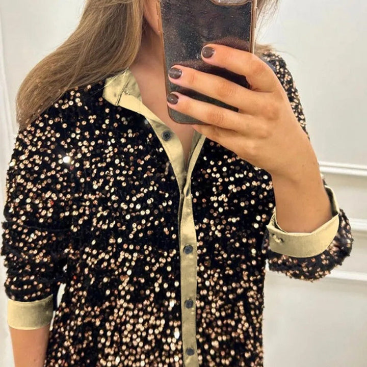 Chemise de soirée boutonnée à revers scintillante pour femme