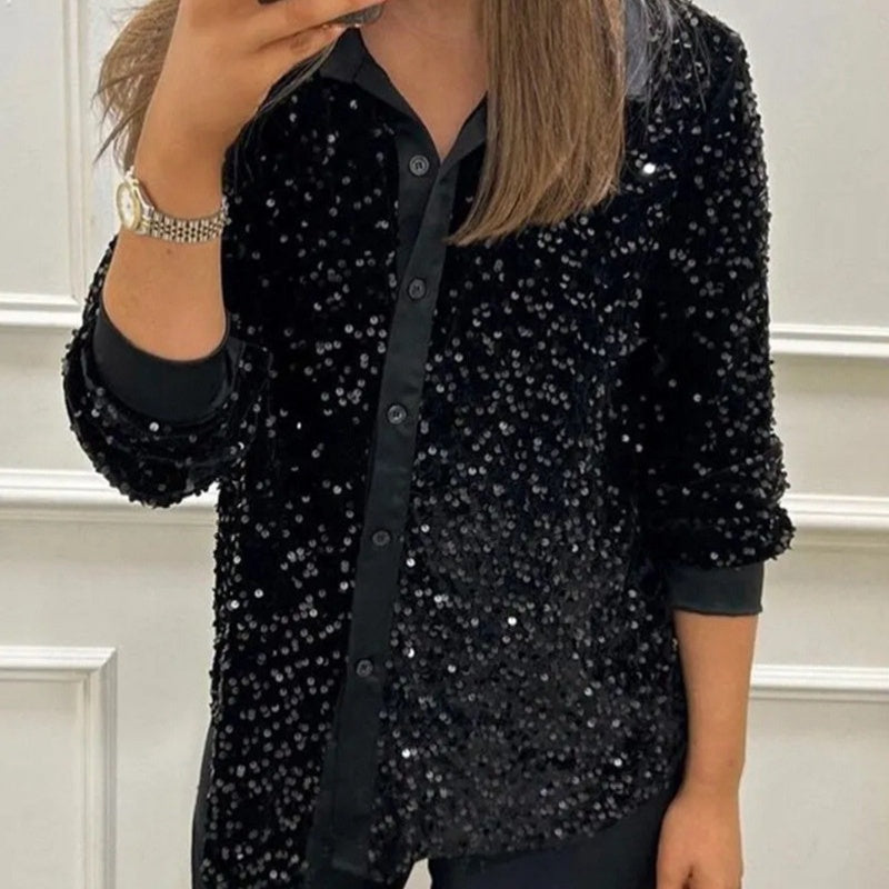 Chemise de soirée boutonnée à revers scintillante pour femme