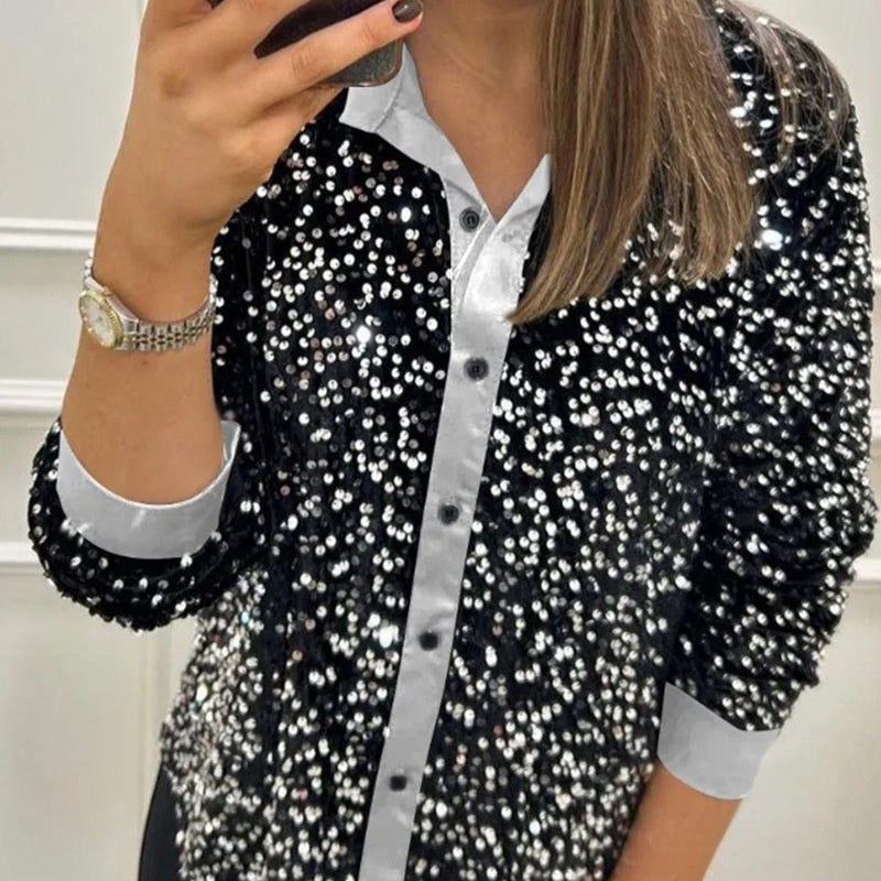 Chemise de soirée boutonnée à revers scintillante pour femme