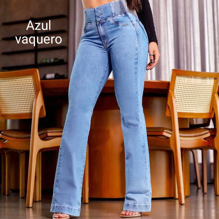 jean évasé taille haute en stretch