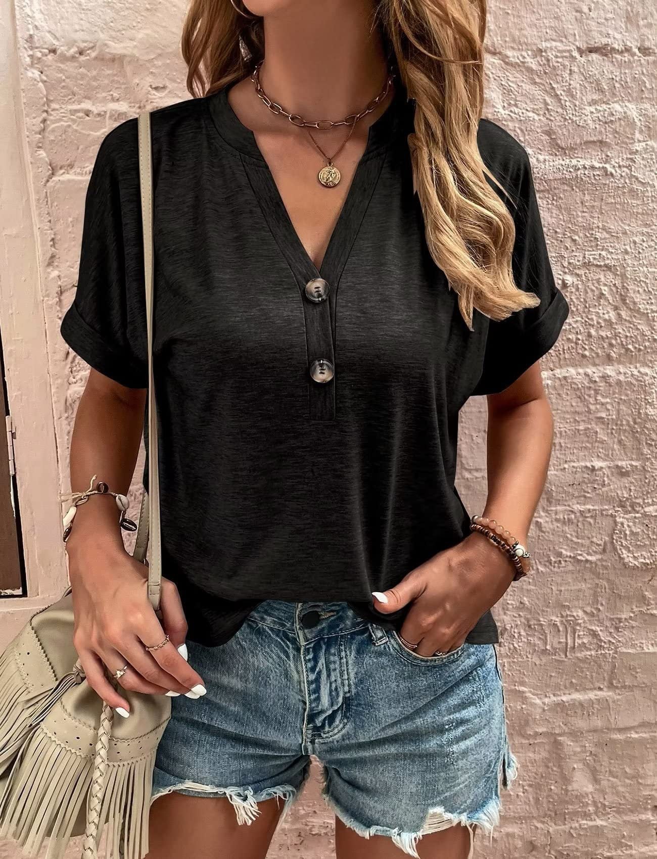 Chemise boutonnée décontractée à manches courtes et col en V pour femme