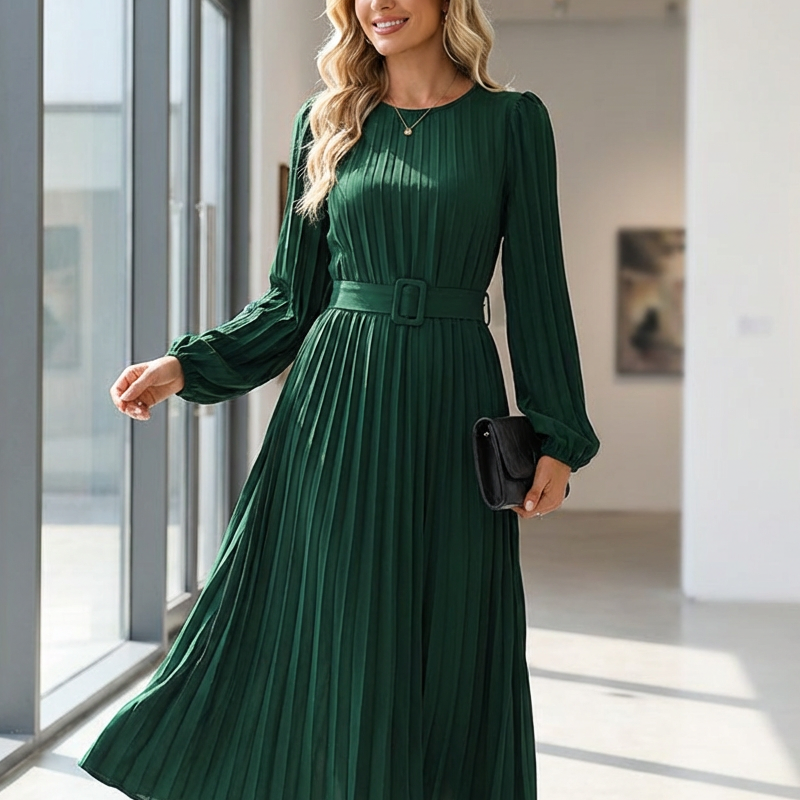 Élégante robe mi-longue à manches longues et plissée, avec ceinture